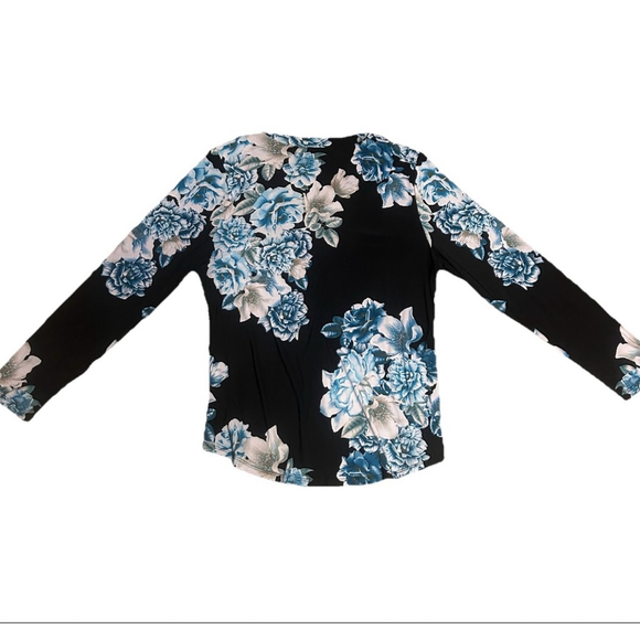 Women's INC Floral Print V Neck Blouse Top Size L Black Blue - Picture 5 of 6
